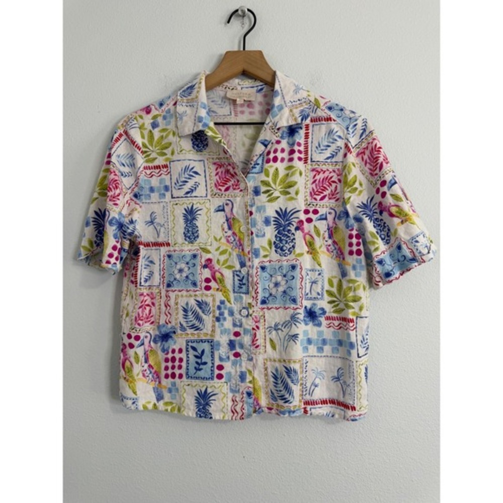 Hester & Orchard -‎ Linen Cotton Blend Cropped Boxy Button Down Tropical Resort